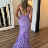 Rodney | Lilac V Neck Lace Mermaid Long Prom Dress With Appliques