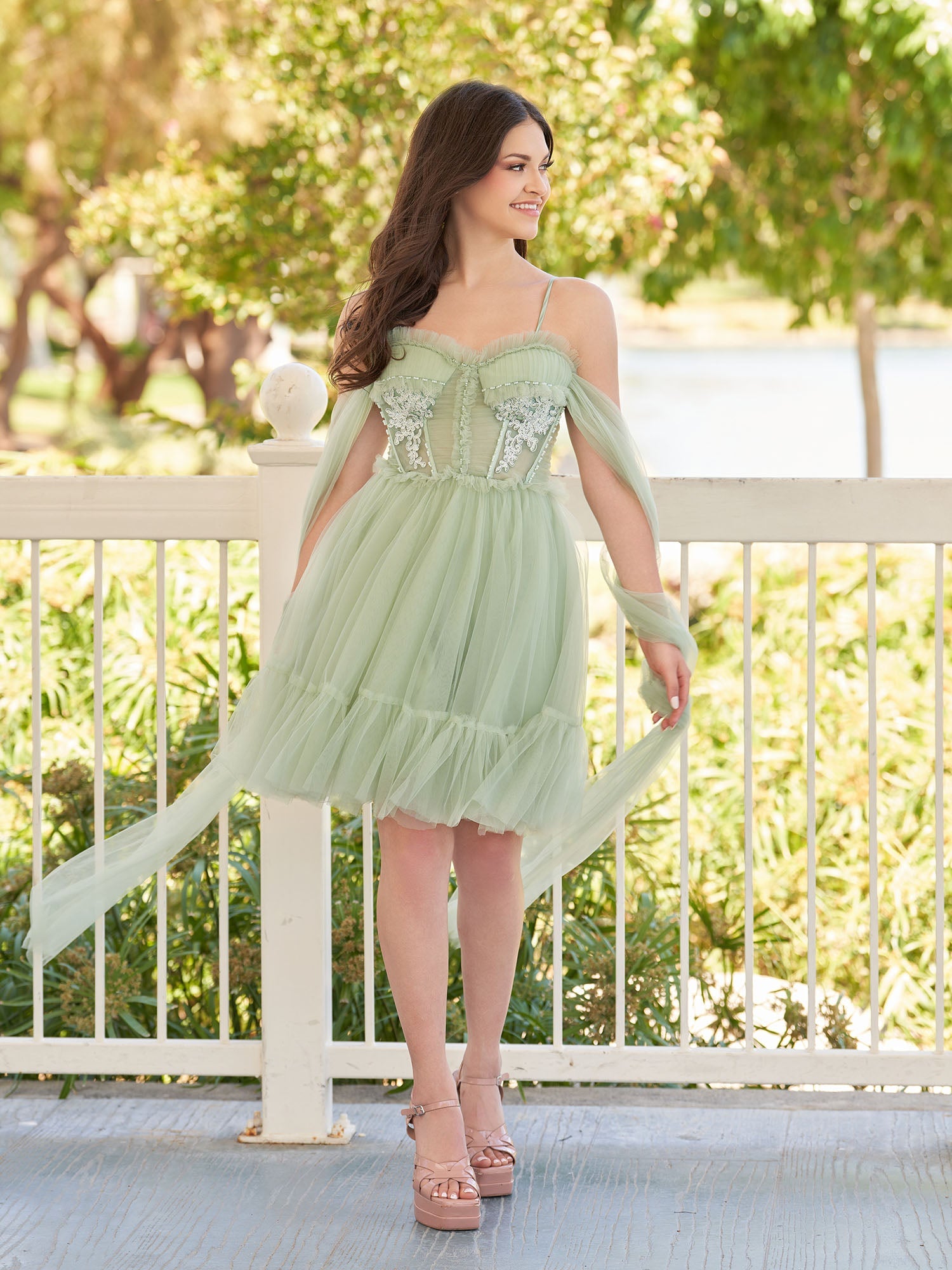 Rosa | Sage A-line Tulle Lace Appliques Short Homecoming Dresses With Bow