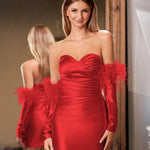 KissDress Sheath Satin Strapless Fitted Homecoming Dress with Long Sleeves | This striking short fitted dress features a flattering sweetheart neckline and luxurious stretch satin that hugs the body beautifully.