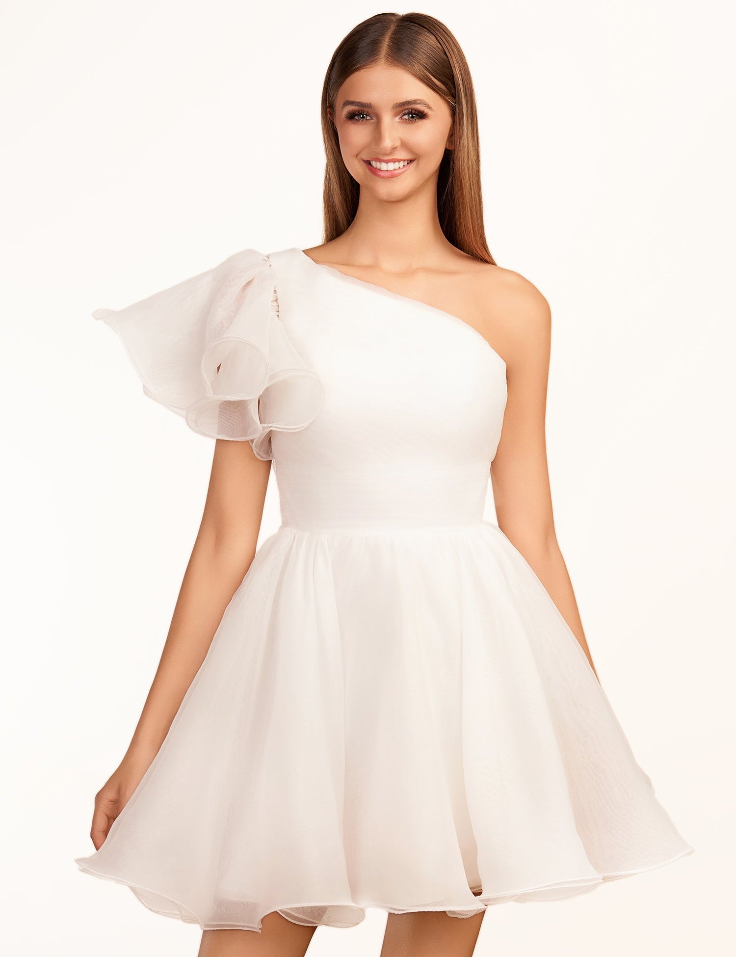 KissDress A-line One Shoulder Organza Ruffled Homecoming Dress | The one-shoulder neckline elevates your look with a contemporary edge while short ruffled sleeves add a playful touch, perfect for dancing the night away.