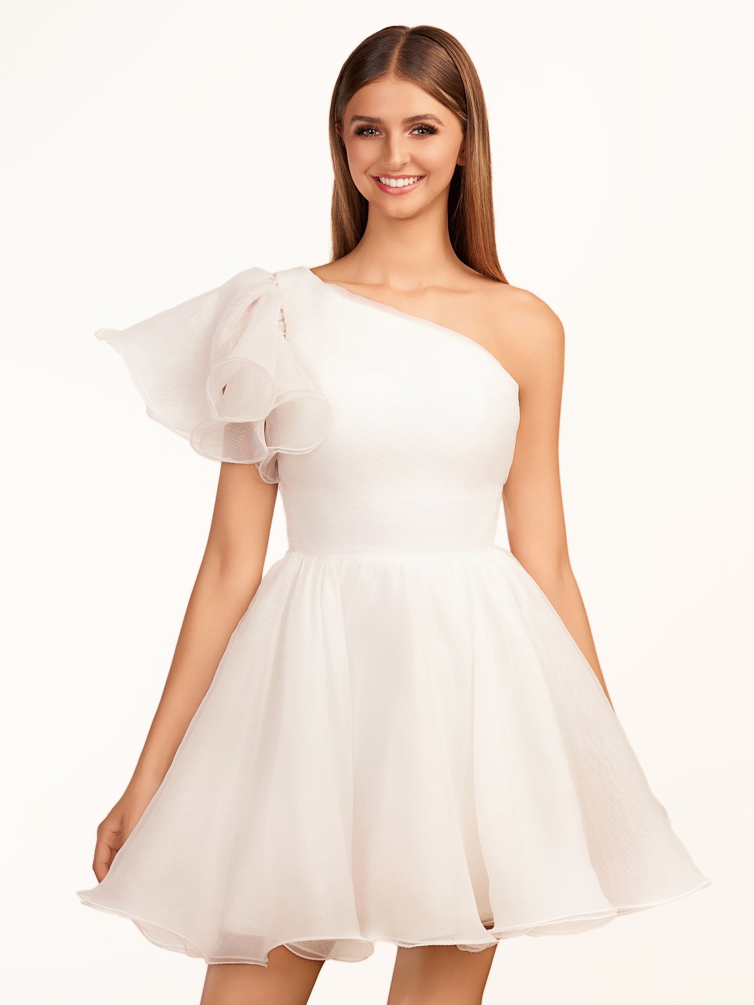 KissDress A-line One Shoulder Organza Ruffled Homecoming Dress | The one-shoulder neckline elevates your look with a contemporary edge while short ruffled sleeves add a playful touch, perfect for dancing the night away.