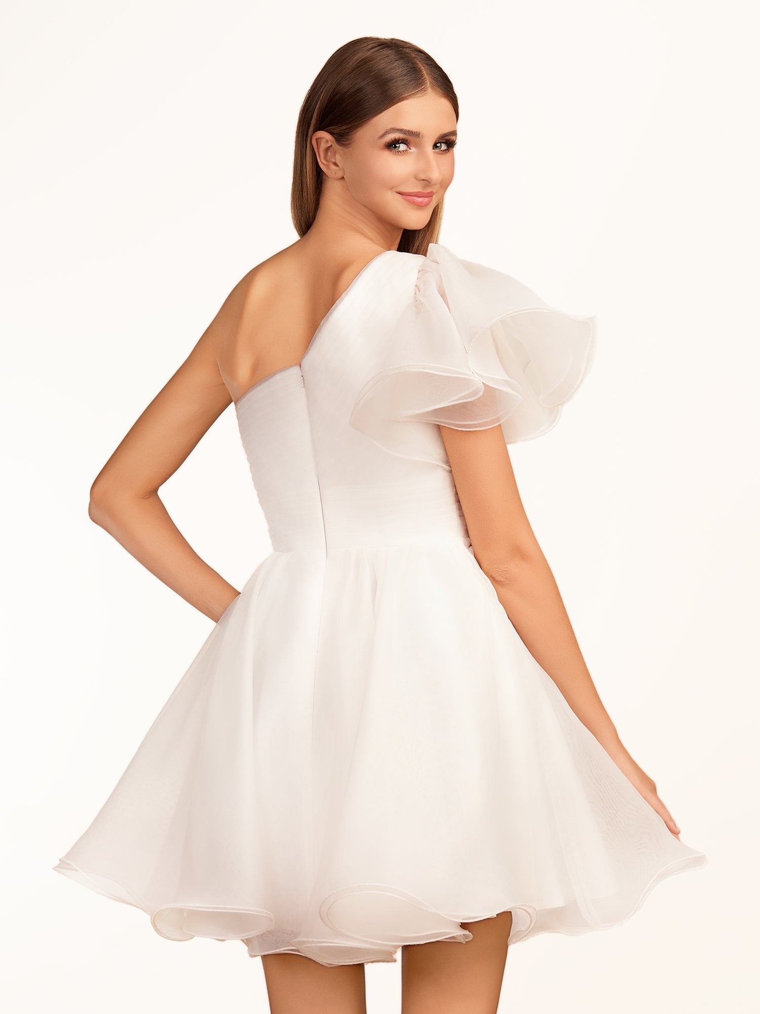 KissDress A-line One Shoulder Organza Ruffled Homecoming Dress | The one-shoulder neckline elevates your look with a contemporary edge while short ruffled sleeves add a playful touch, perfect for dancing the night away.