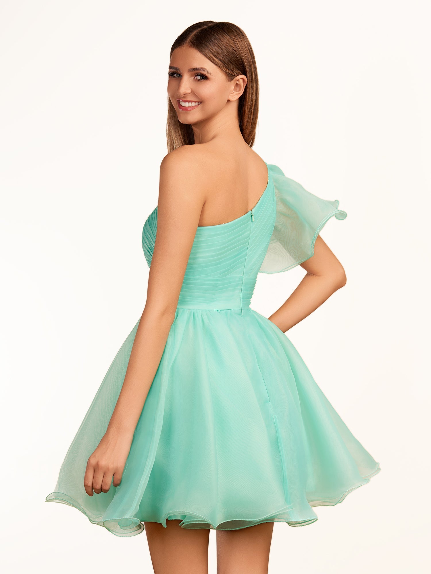 KissDress A-line One Shoulder Organza Ruffled Homecoming Dress | The one-shoulder neckline elevates your look with a contemporary edge while short ruffled sleeves add a playful touch, perfect for dancing the night away.