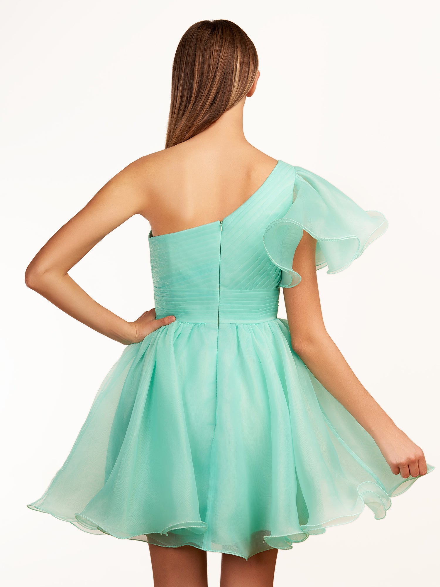 KissDress A-line One Shoulder Organza Ruffled Homecoming Dress | The one-shoulder neckline elevates your look with a contemporary edge while short ruffled sleeves add a playful touch, perfect for dancing the night away.