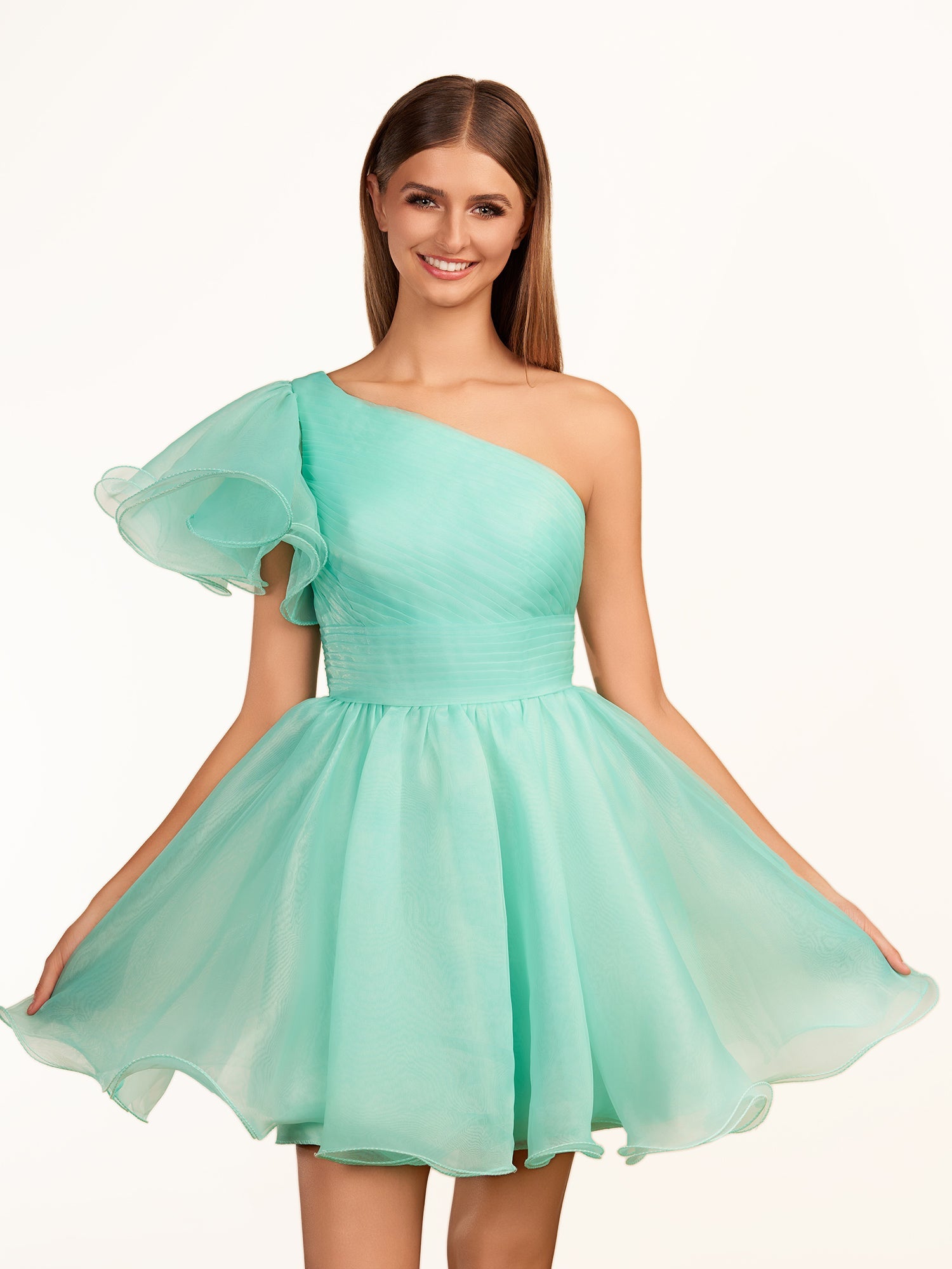 KissDress A-line One Shoulder Organza Ruffled Homecoming Dress | The one-shoulder neckline elevates your look with a contemporary edge while short ruffled sleeves add a playful touch, perfect for dancing the night away.