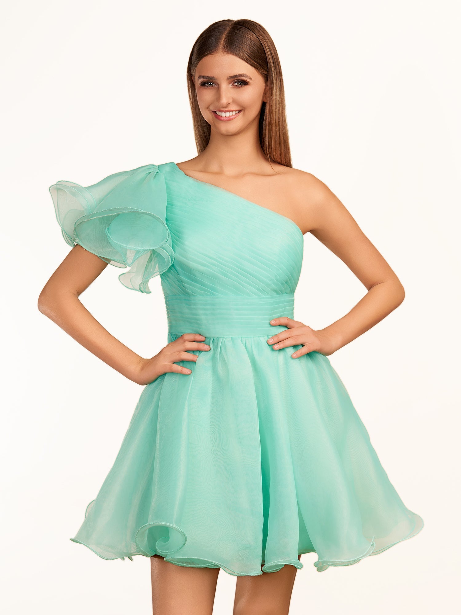 KissDress A-line One Shoulder Organza Ruffled Homecoming Dress | The one-shoulder neckline elevates your look with a contemporary edge while short ruffled sleeves add a playful touch, perfect for dancing the night away.