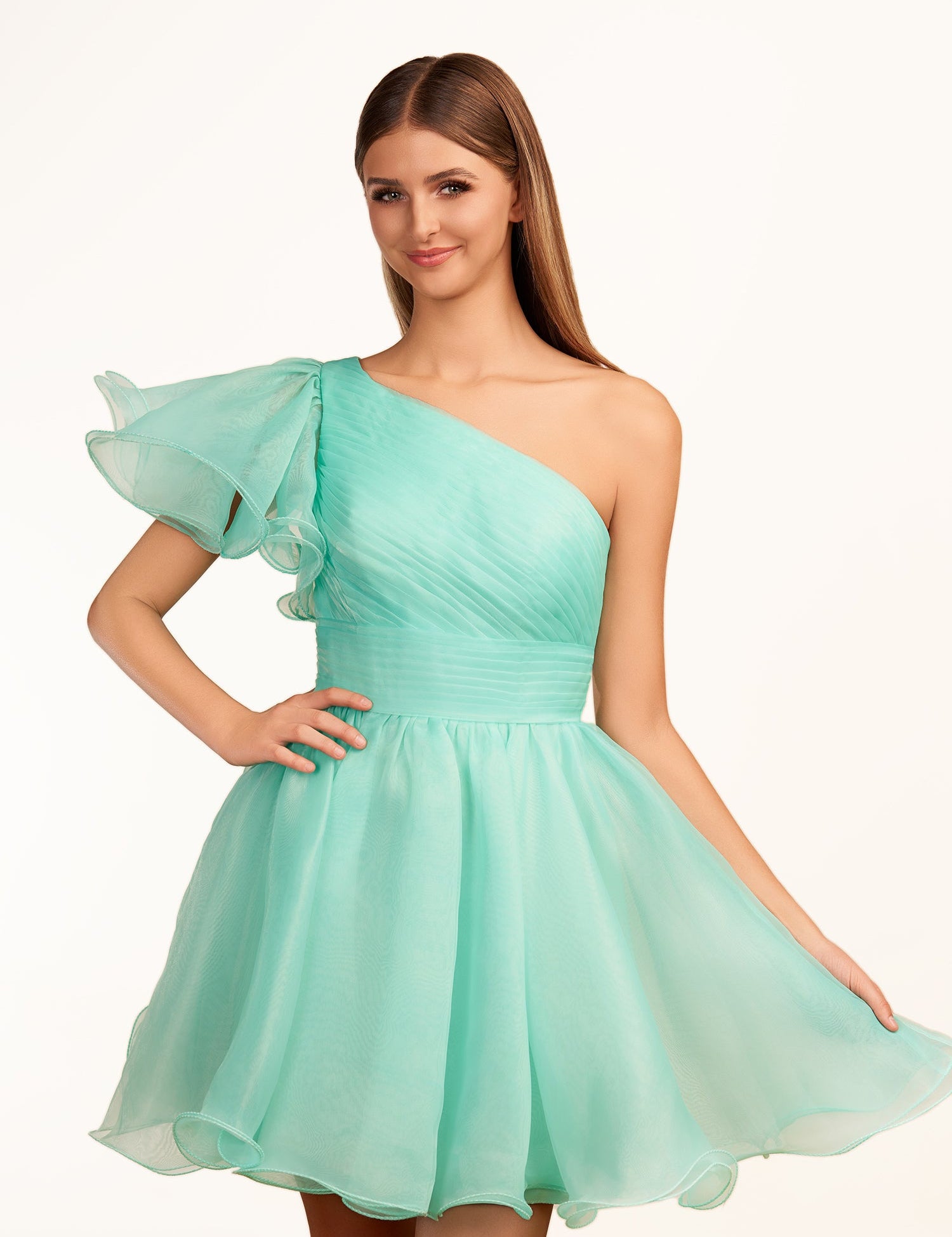 KissDress A-line One Shoulder Organza Ruffled Homecoming Dress | The one-shoulder neckline elevates your look with a contemporary edge while short ruffled sleeves add a playful touch, perfect for dancing the night away.