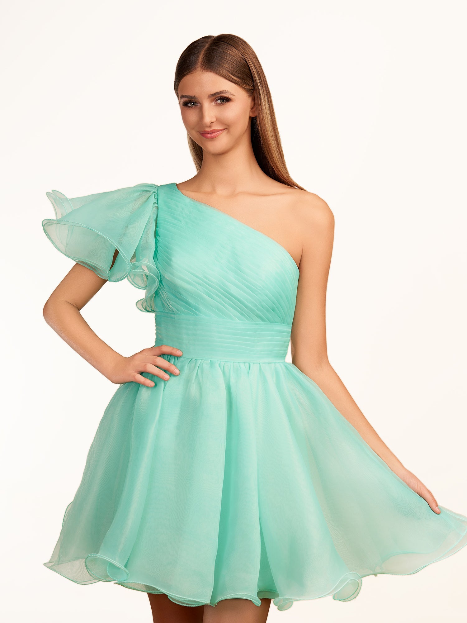 KissDress A-line One Shoulder Organza Ruffled Homecoming Dress | The one-shoulder neckline elevates your look with a contemporary edge while short ruffled sleeves add a playful touch, perfect for dancing the night away.