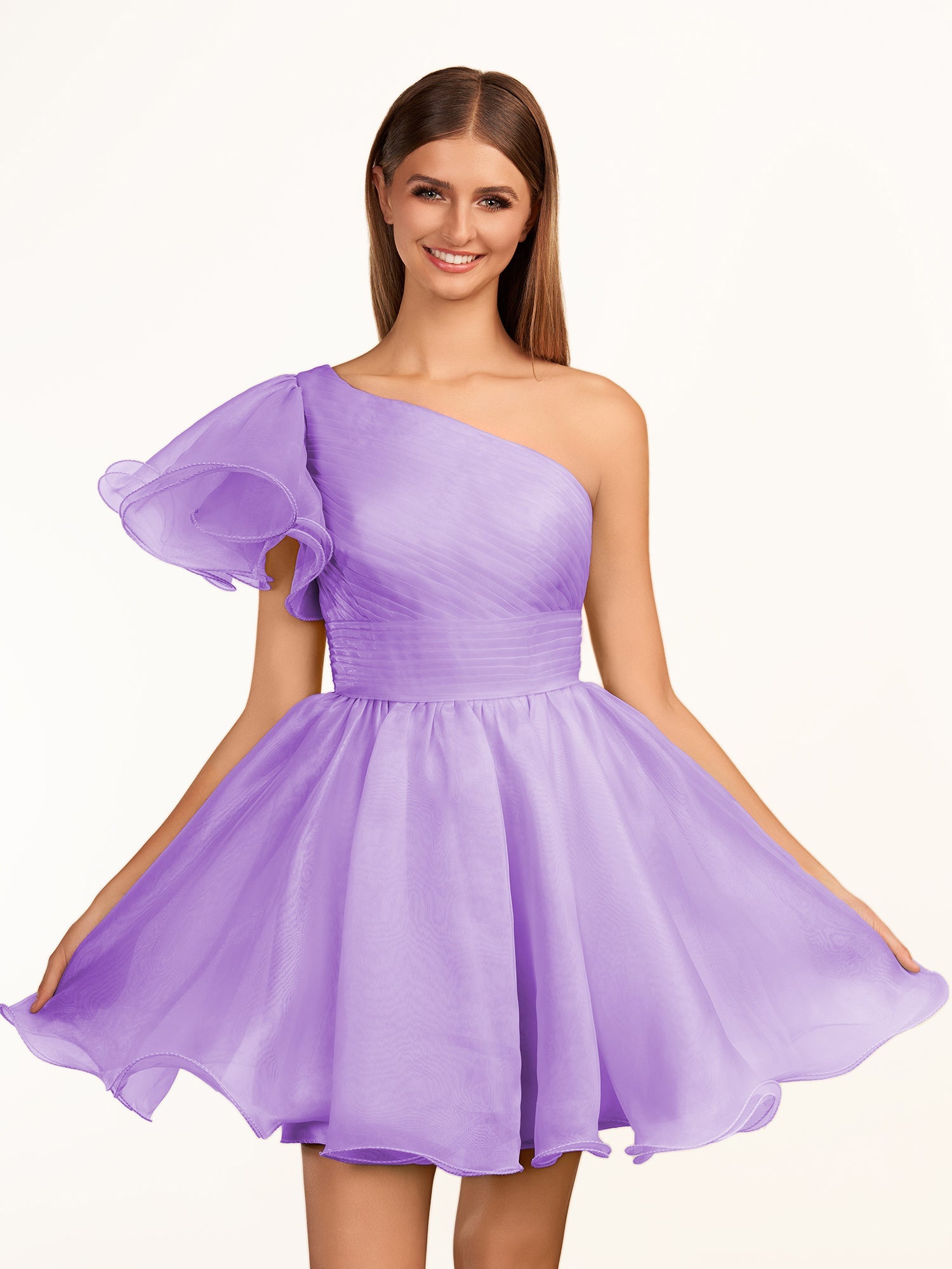 KissDress A-line One Shoulder Organza Ruffled Homecoming Dress | The one-shoulder neckline elevates your look with a contemporary edge while short ruffled sleeves add a playful touch, perfect for dancing the night away.