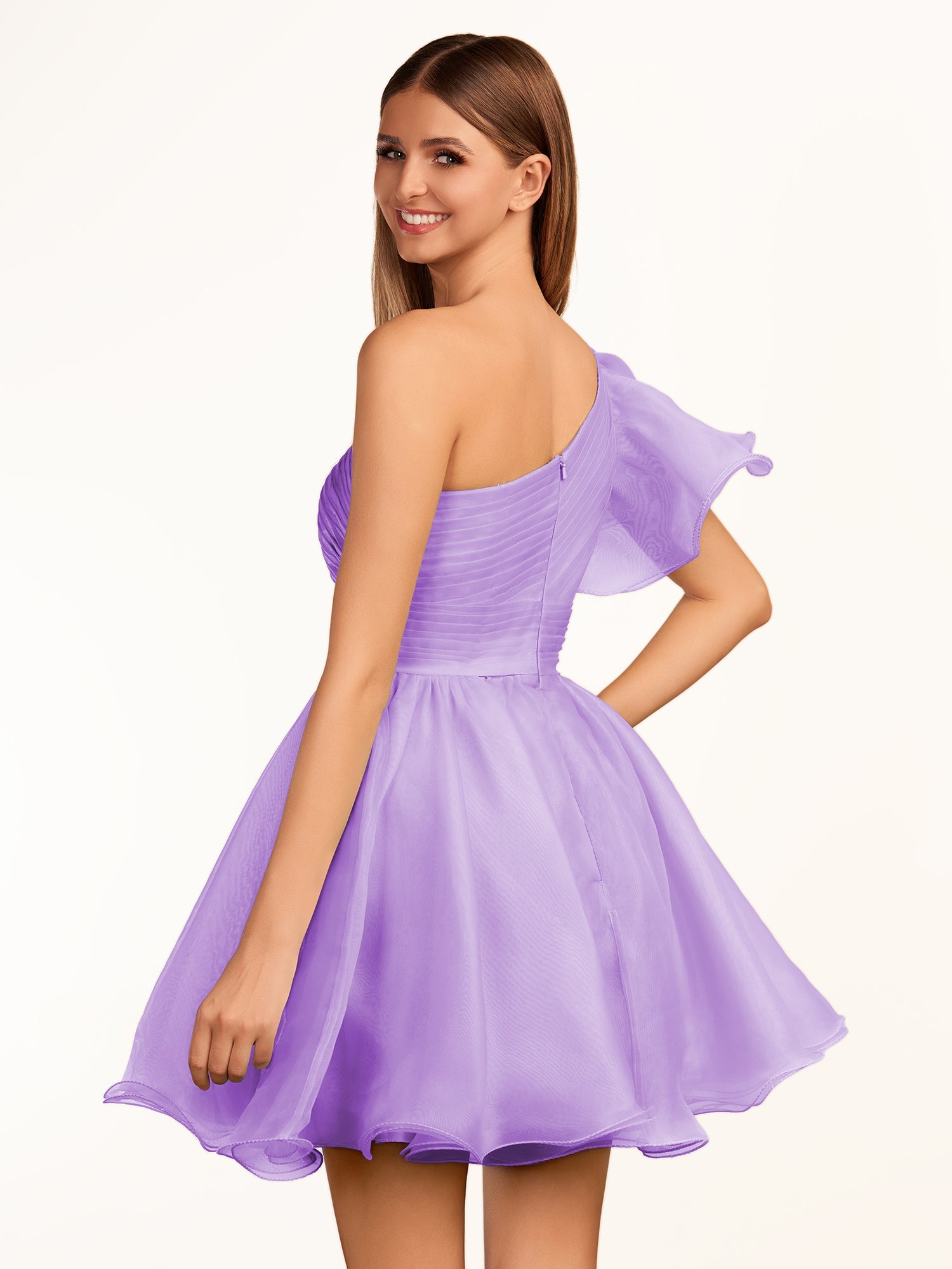 KissDress A-line One Shoulder Organza Ruffled Homecoming Dress | The one-shoulder neckline elevates your look with a contemporary edge while short ruffled sleeves add a playful touch, perfect for dancing the night away.