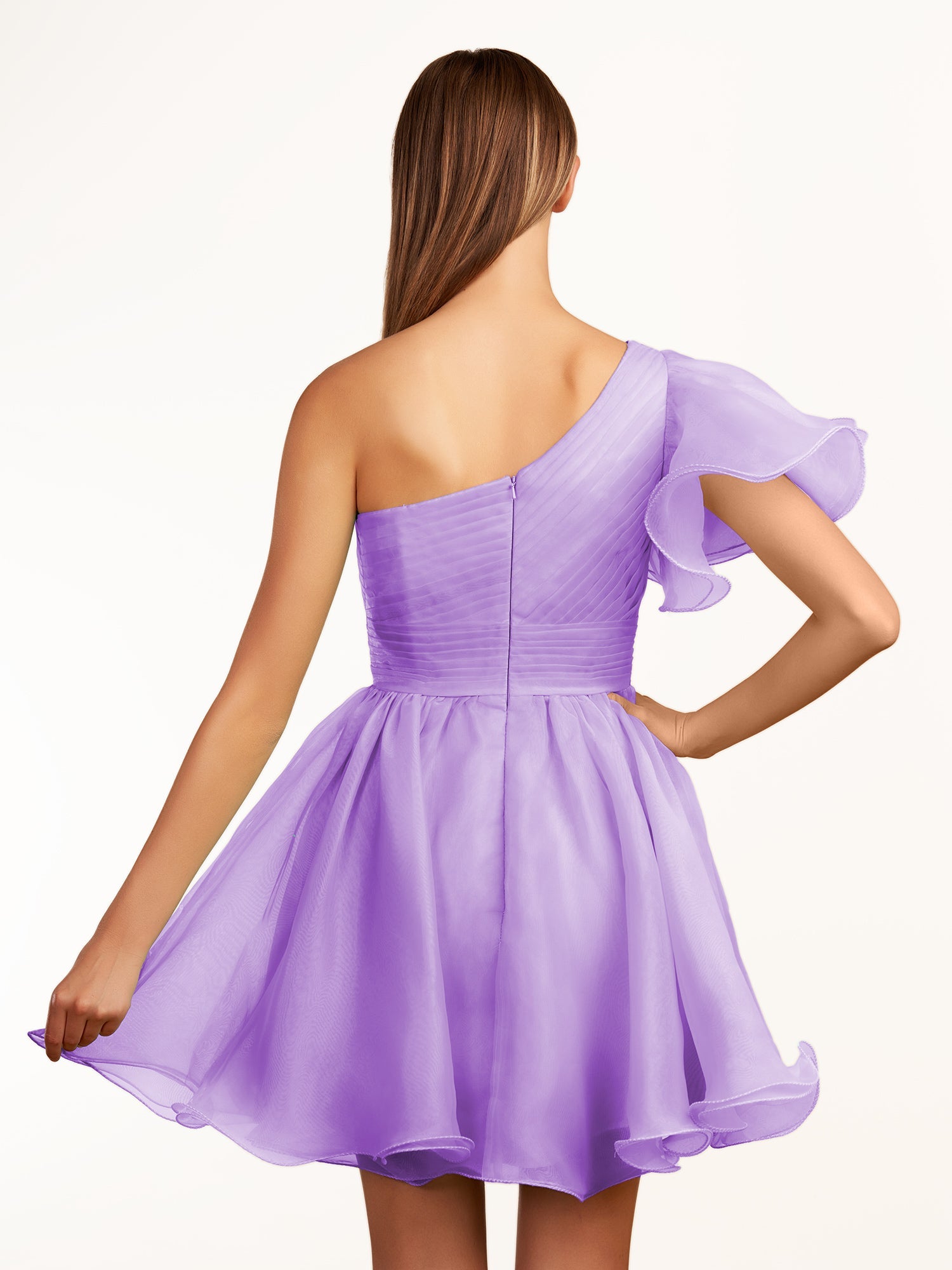 KissDress A-line One Shoulder Organza Ruffled Homecoming Dress | The one-shoulder neckline elevates your look with a contemporary edge while short ruffled sleeves add a playful touch, perfect for dancing the night away.