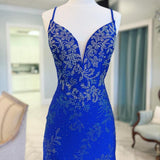 Royal Blue Beaded Plunge V Lace-Up Short Homecoming Dress