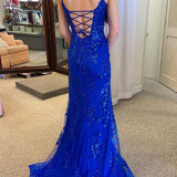 Harmonia | Royal Blue Plunging Neck Sweep Train Lace Prom Dress