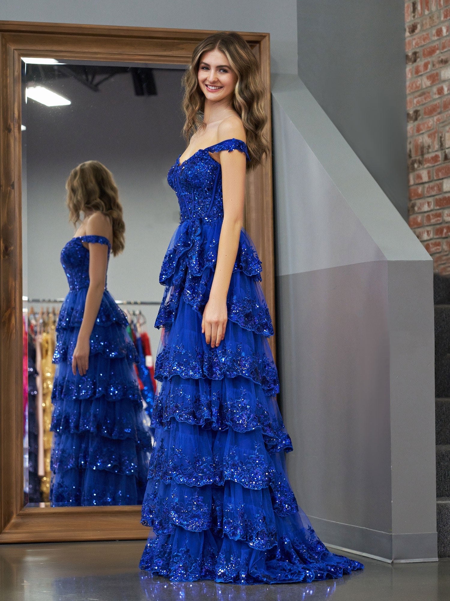 Royal Blue Princess A Line Off the Shoulder Corset Prom Dress with Lace Ruffles