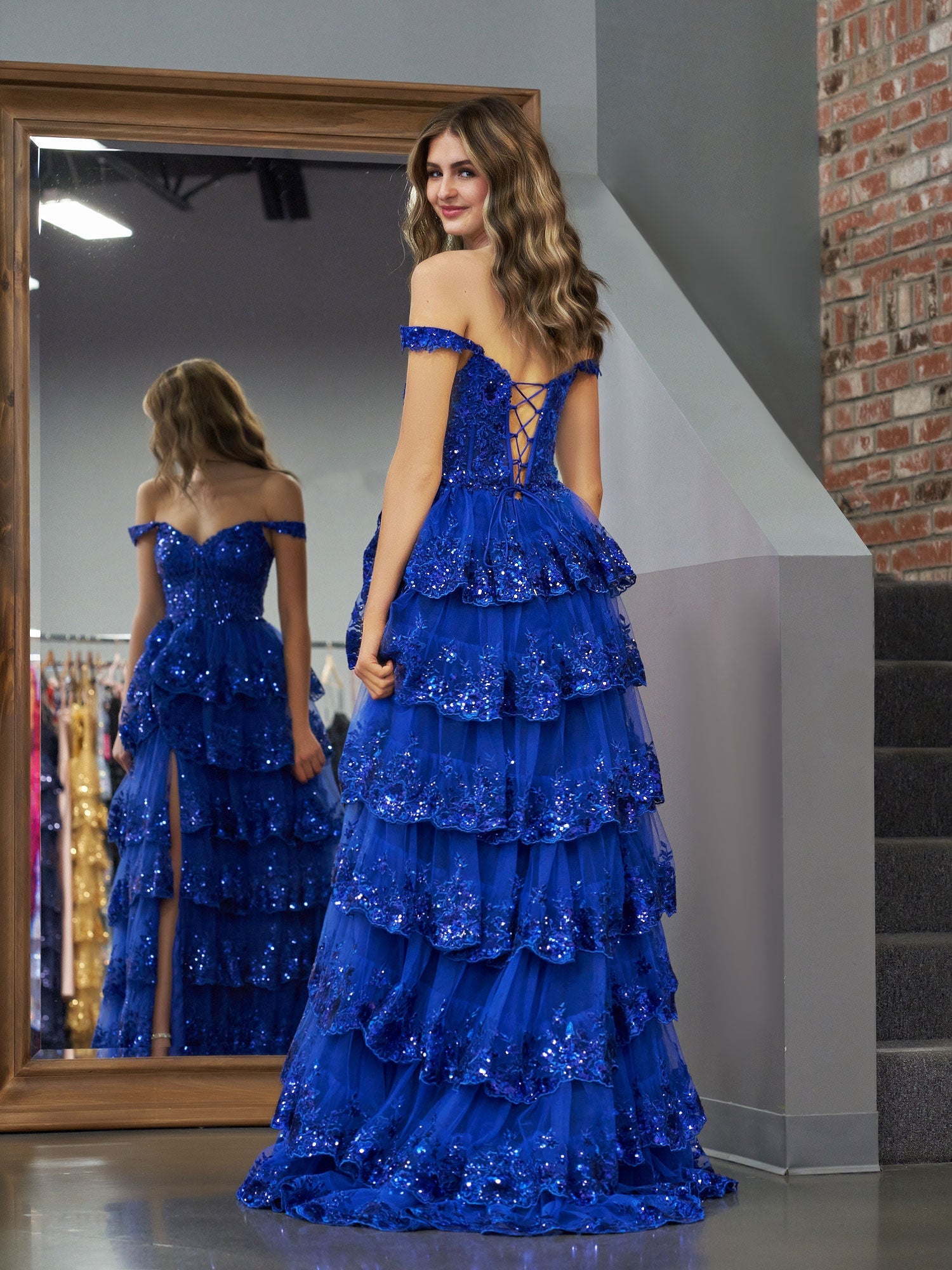 Royal Blue Princess A Line Off the Shoulder Corset Prom Dress with Lace Ruffles