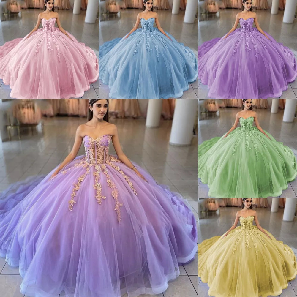 Sky Blue Ball-Gown Tulle 3D Flowers Sweetheart Quinceanera Dresses