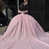 Glitter Off The Shoulder Pink Ball Gown Quinceanera Dresses