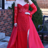 Sabriel | Red Sweetheart Satin Beaded Long Prom Dress With Split