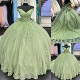 Lace Sage Green Quinceanera Dresses Applique Off Shoulder Dress