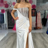 Sapph | Asymmetrical White Satin Beaded Long Formal Dress with Attached Train