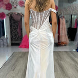 Sapph | Asymmetrical White Satin Beaded Long Formal Dress with Attached Train