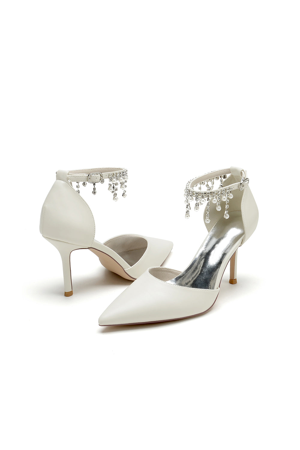 Satin Ankle Strap Pearl Beaded Satin Wedding Shoes