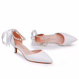 Satin Pearl Ribbon Tie Pointed Toe Ankle Strap High Heels