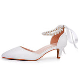 Satin Pearl Ribbon Tie Pointed Toe Ankle Strap High Heels