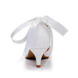 Satin Pearl Ribbon Tie Pointed Toe Ankle Strap High Heels