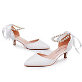 Satin Pearl Ribbon Tie Pointed Toe Ankle Strap High Heels