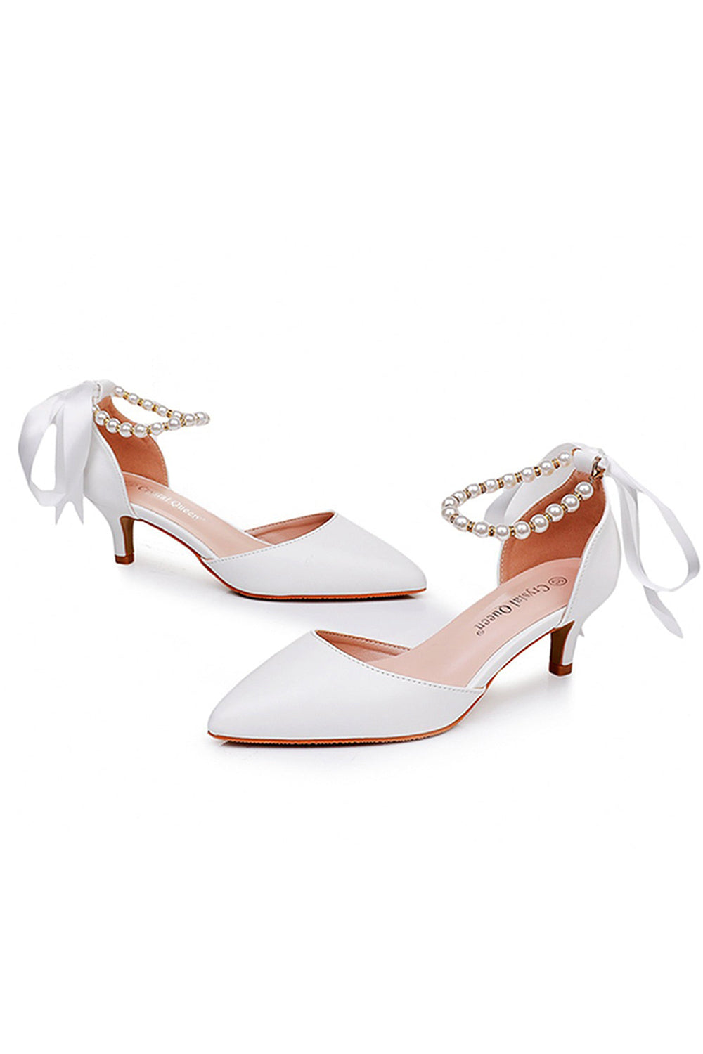 Satin Pearl Ribbon Tie Pointed Toe Ankle Strap High Heels