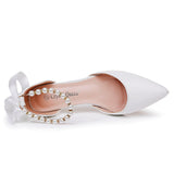 Satin Pearl Ribbon Tie Pointed Toe Ankle Strap High Heels