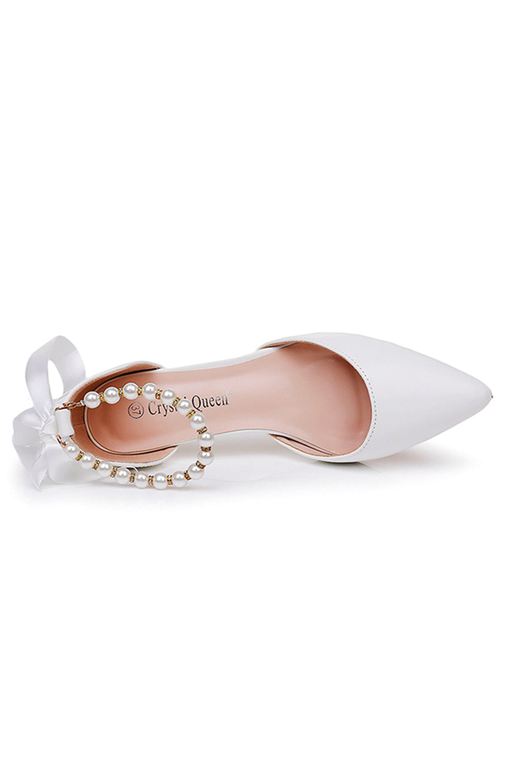 Satin Pearl Ribbon Tie Pointed Toe Ankle Strap High Heels