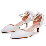 Satin Pearl Ribbon Tie Pointed Toe Ankle Strap High Heels