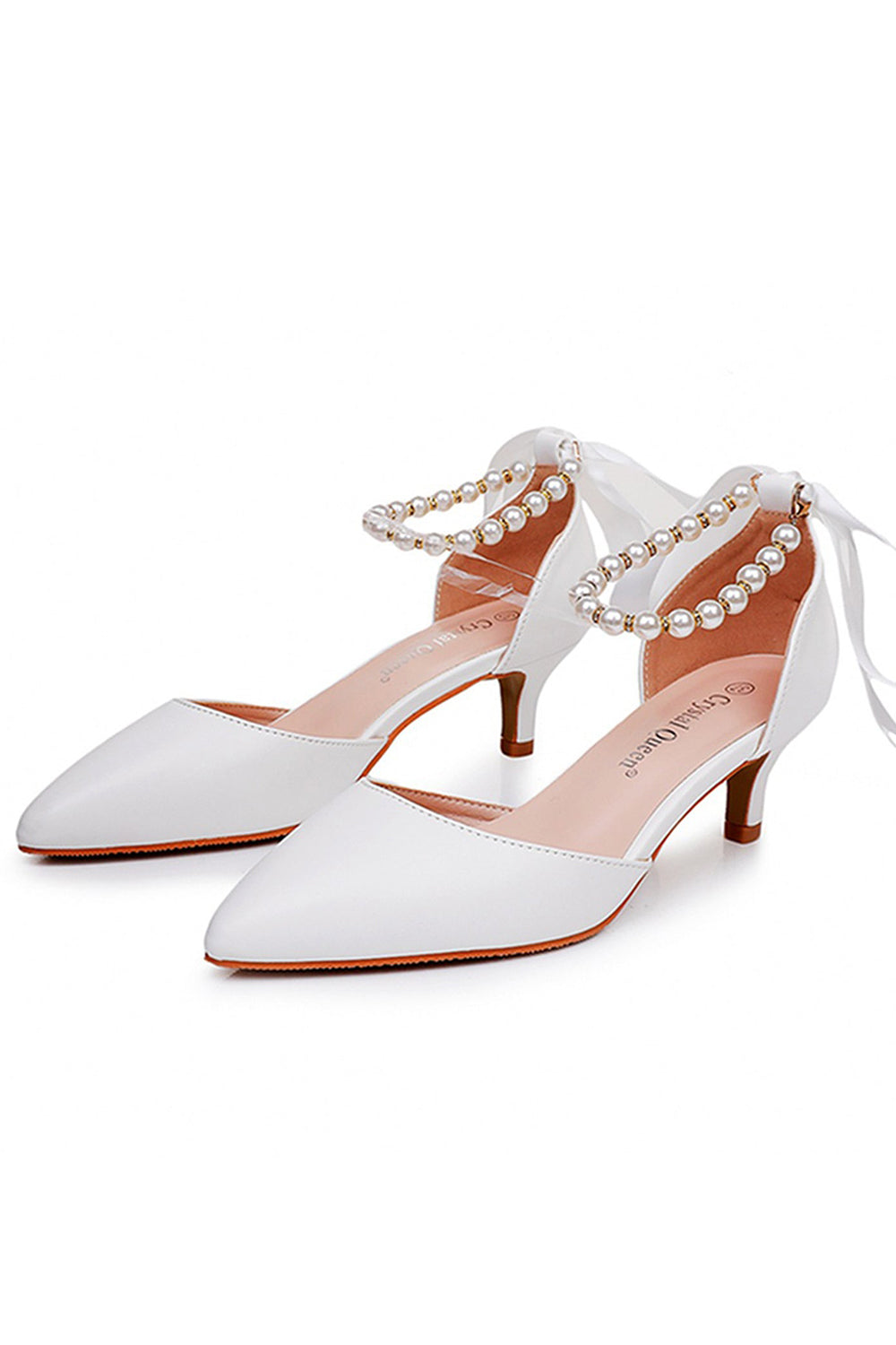 Satin Pearl Ribbon Tie Pointed Toe Ankle Strap High Heels