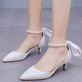 Satin Pearl Ribbon Tie Pointed Toe Ankle Strap High Heels