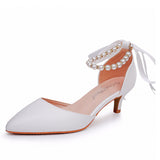 Satin Pearl Ribbon Tie Pointed Toe Ankle Strap High Heels