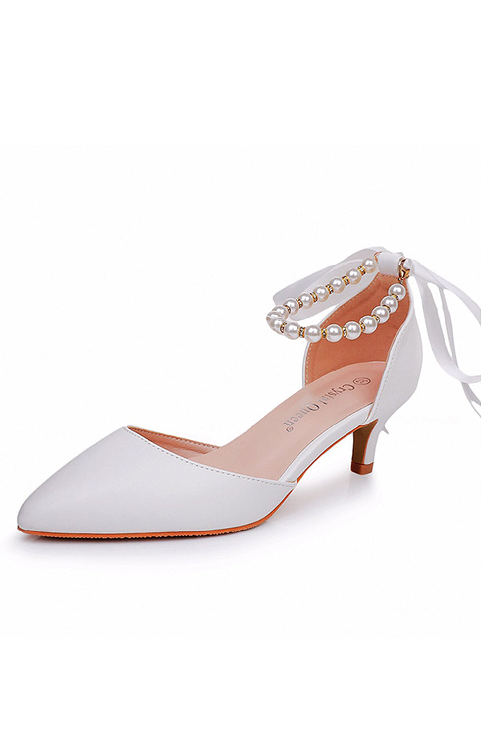 Satin Pearl Ribbon Tie Pointed Toe Ankle Strap High Heels