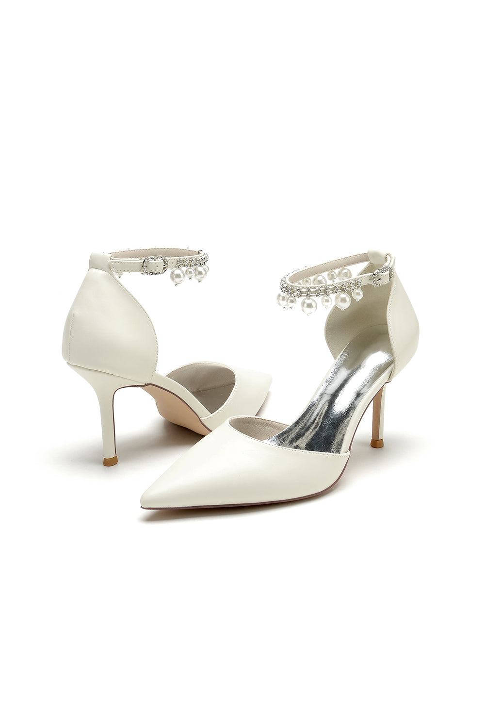 Satin Pointed Toe Pearl Beaded Ankle Strap Simple Wedding Shoes