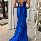 Saxon?| Royal Blue Scoop Neck Lace-Up Pleated Mermaid Gown