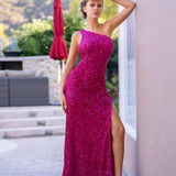 Fuchsia Mermaid One Shoulder Sequin Long Prom Dress with Slit