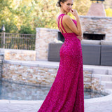 Fuchsia Mermaid One Shoulder Sequin Long Prom Dress with Slit