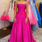 Seraphia | Strapless Fuchsia Beaded A-Line Long Prom Dresss