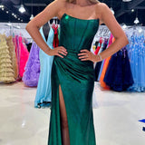 Serilda | Dark Green Strapless Sheath Satin Long Prom Dress With Split