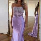 Serin | Purple Strapless Mermaid Satin Long Prom Dress With Beading