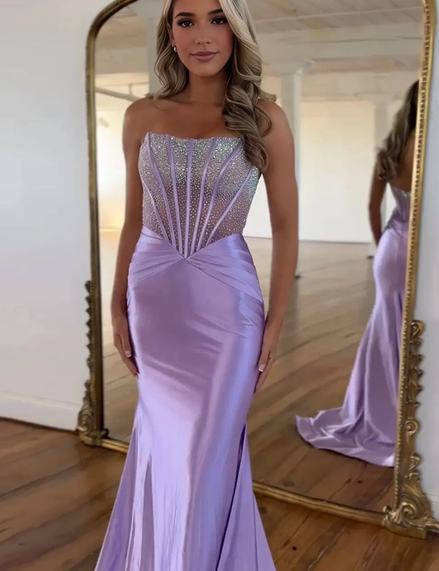 Serin | Purple Strapless Mermaid Satin Long Prom Dress With Beading