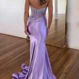 Serin | Purple Strapless Mermaid Satin Long Prom Dress With Beading