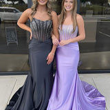 Serin | Purple Strapless Mermaid Satin Long Prom Dress With Beading