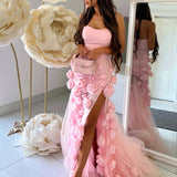 A line Sexy Sweetheart Sleeveless Pink Slit Flowers Prom Dress