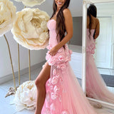 A line Sexy Sweetheart Sleeveless Pink Slit Flowers Prom Dress